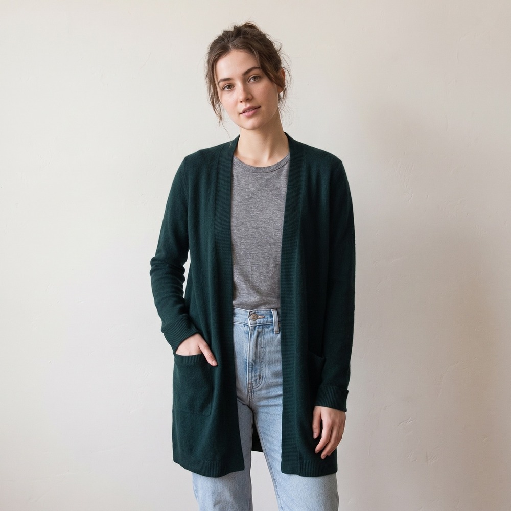Tahari Womens Cashmere Sweater Large Green Open Front Longline Cardigan Pockets